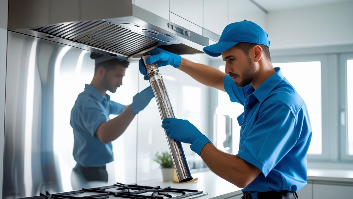 Technician repairing Glen chimney in modular kitchen Vashi
