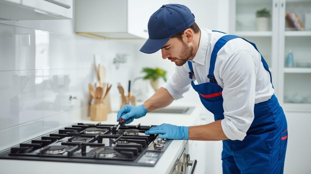 Technician repairing a gas stove at home kitchen
