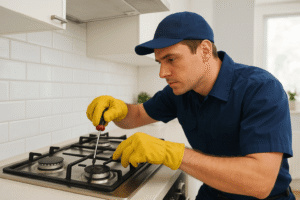 Gas stove repair technician fixing burner in a modern kitchen