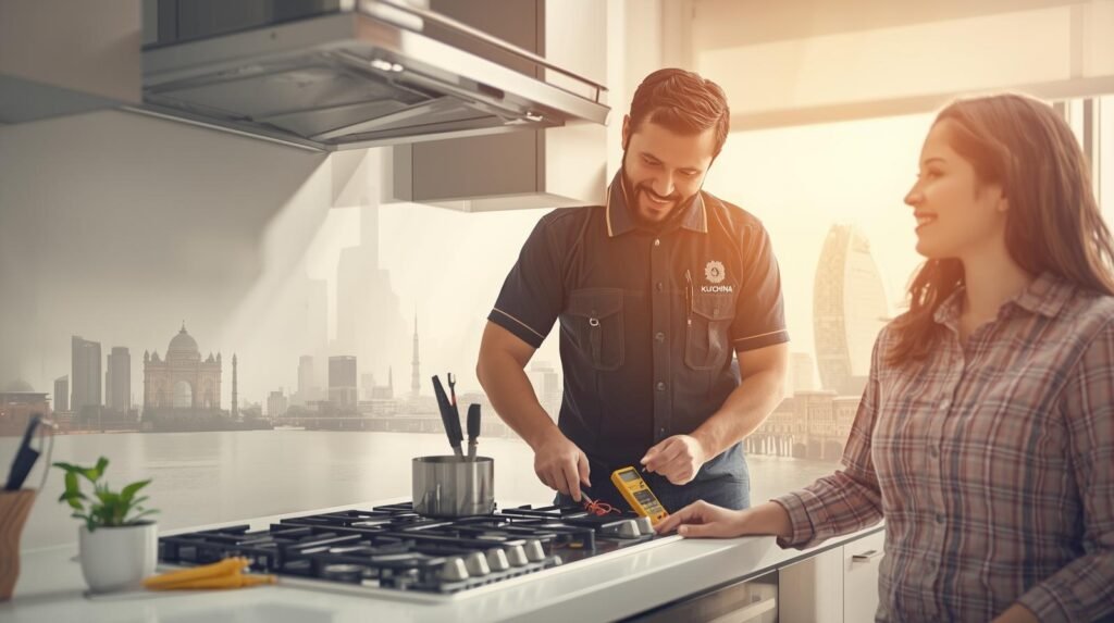 Certified technician repairing a Kutchina chimney and hob in a modern kitchen, ensuring safe and efficient appliance maintenance.