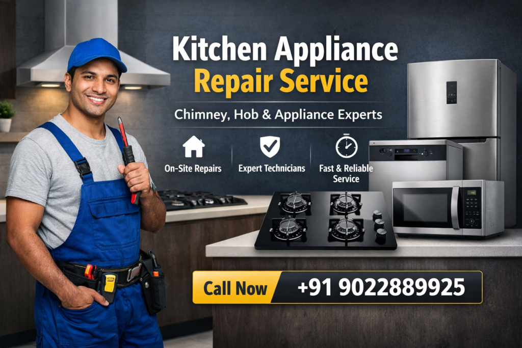 Kitchen appliance repair service technician fixing chimney and gas hob with professional tools