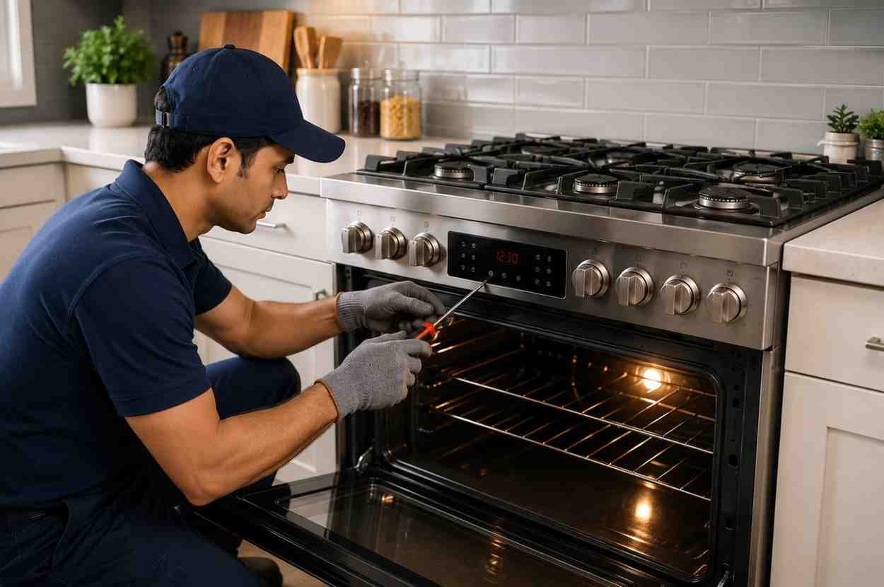 Cooking range with oven door open for servicing