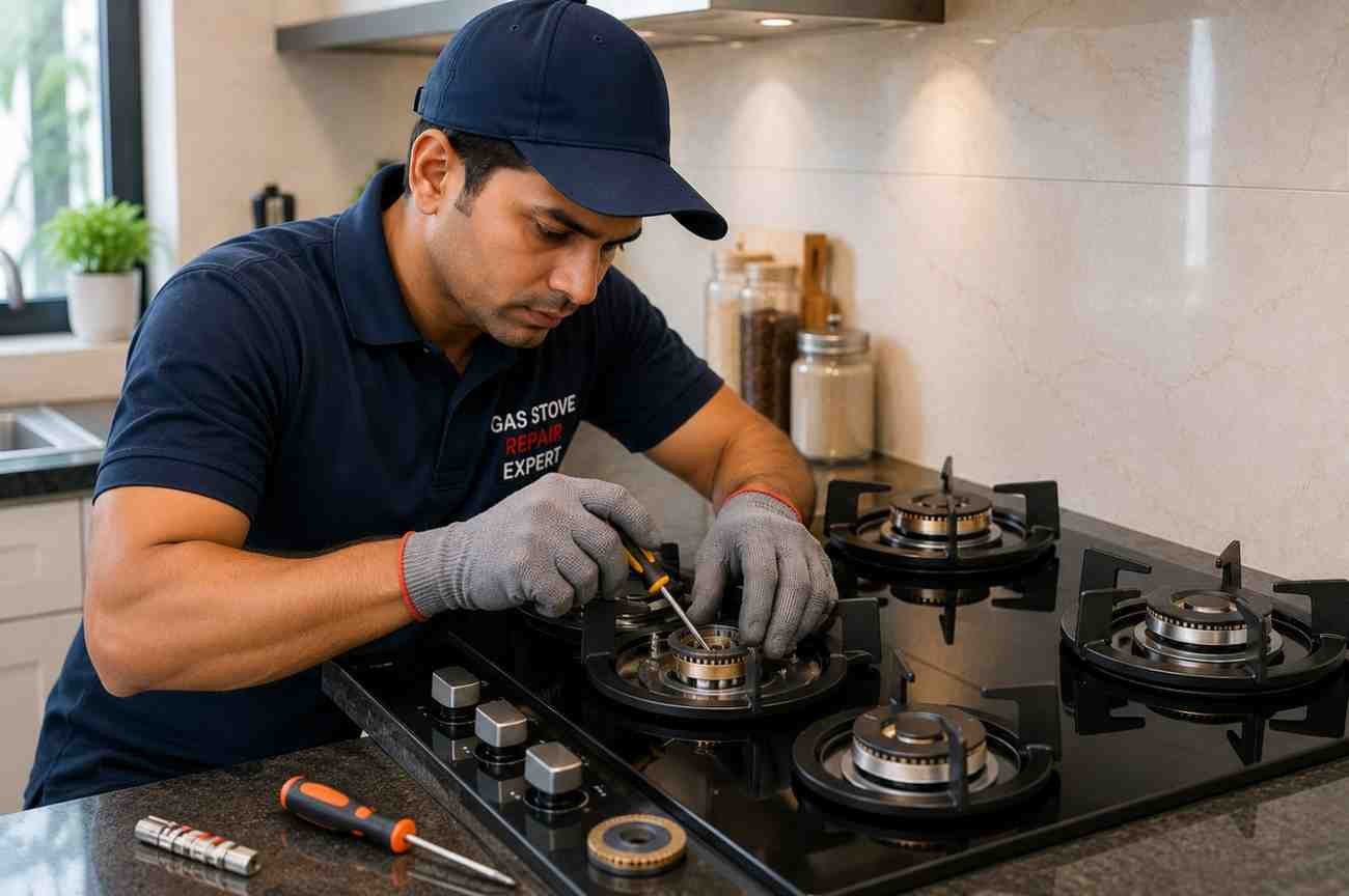 Close-up of gas stove burner being inspected