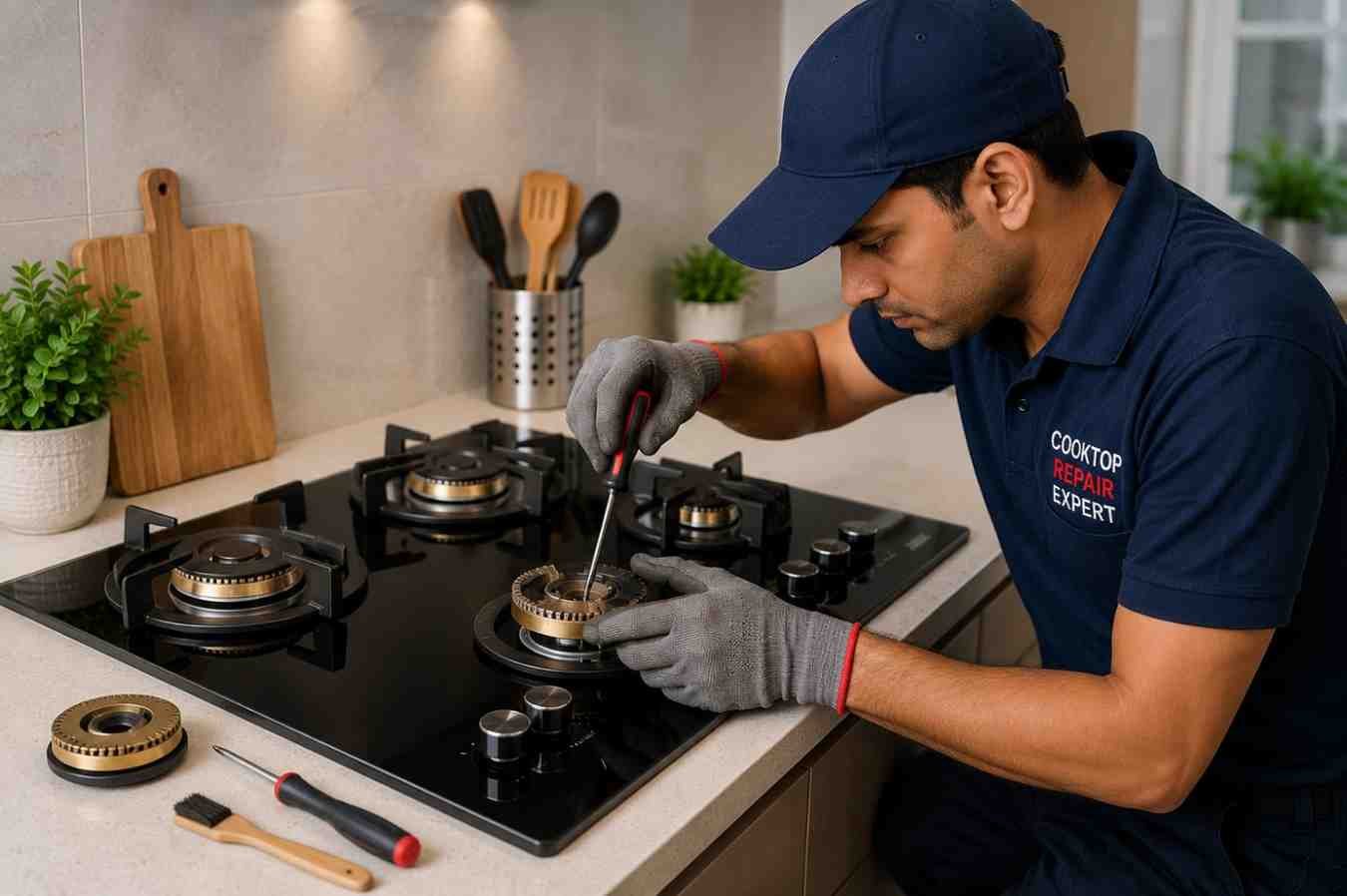 Electric cooktop being repaired on a kitchen counter