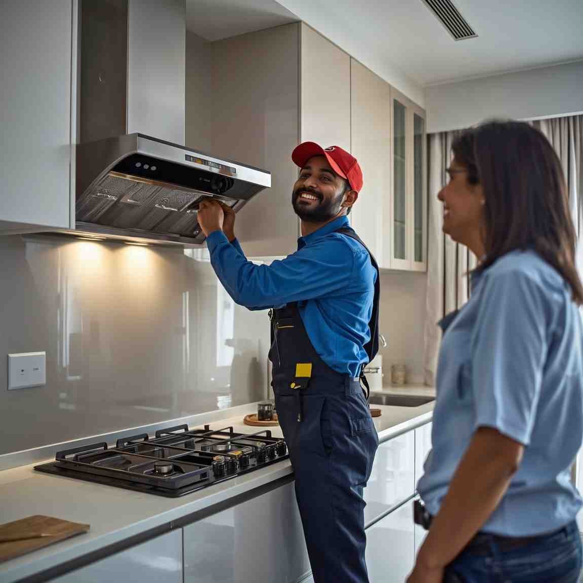 Kitchen appliance repair technician servicing chimney and hob in Mumbai